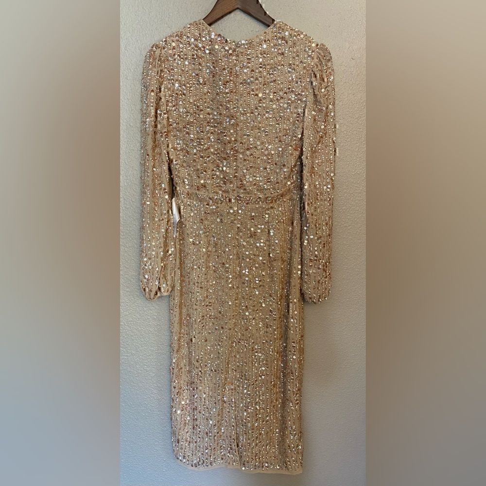 NWT Mac Duggal 10764 Sequin Long Sleeve Cocktail Midi Dress SZ 4 Nude - Picture 7 of 9